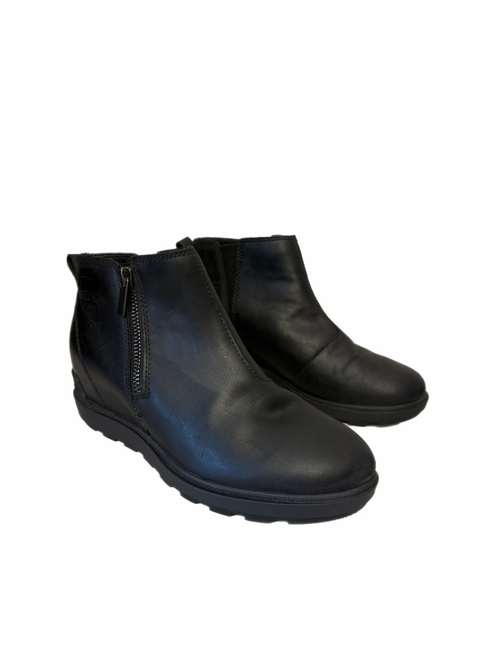 Sorel Evie II Black Leather Side-Zip Ankle Booties SZ 9 Hidden Heel waterproof